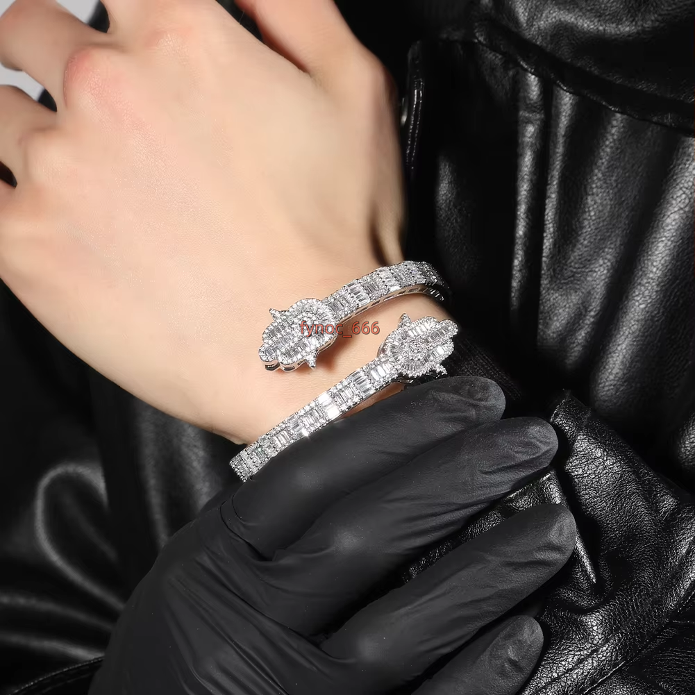 New Iced Out Bling Micro Pave 5A CZ Zircon Baguette Diamond Hamsa Hand Openning Bangle for Men Women Hip Hop Luxury Jewelry