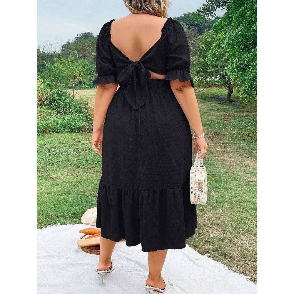 Plus Size Women's Pure Color Wrap Ruffle Hem Midi Square Neck Backless Short Sleeve Dress Elegant temperament