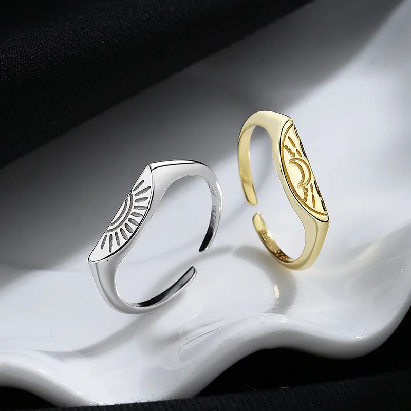 SOFTPIG Real 925 Sterling Silver INS Style Couple Adjustable Ring For Women Cute Fine Jewelry Minimalist Moon Sun Accessories 260304