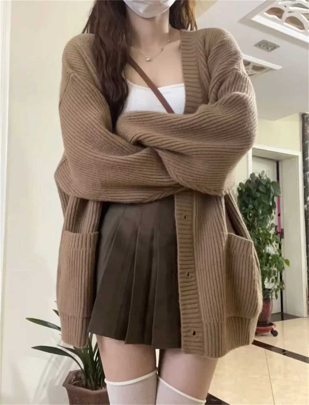 Gray Knitting Cardigans Women Autumn Winter Thicken Warm Loose Sweater Coats Female Korean Oversized Buttons Cardigan ZY8645 M260306