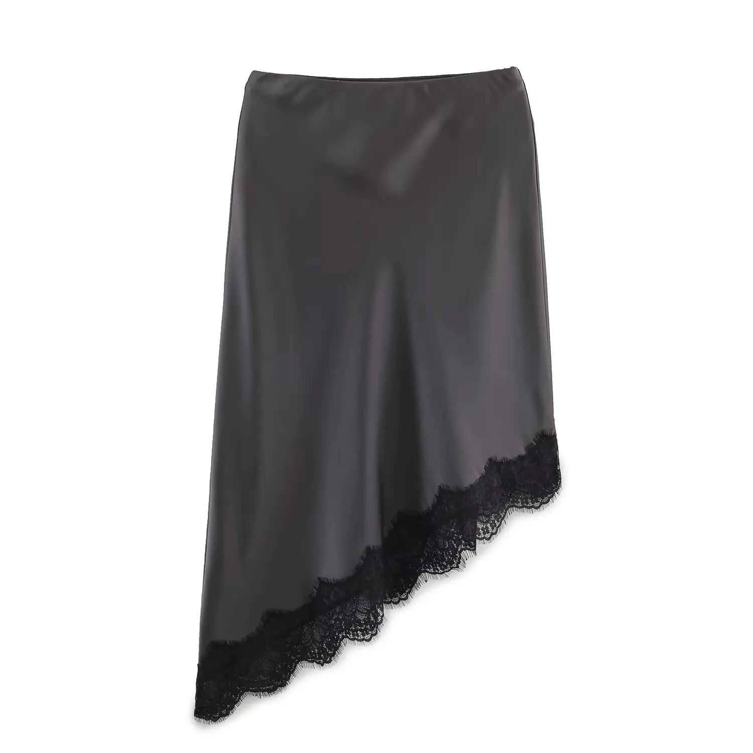 BSAY Lace Asymmetry Satin Texture Skirt Women Fashion Autumn Winter Solid Chic Female High Waist Elegant Skirts Mujer 260306