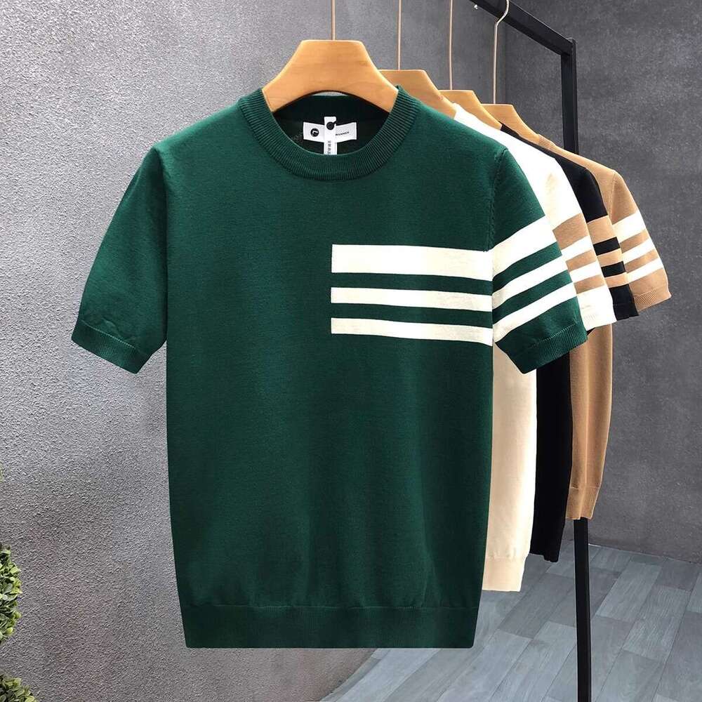 Summer New Short Sleeve Knitted Shirt for Men, Striped Simple Business Style, Slim Fit Ice Silk T-Shirt, Export Cross-Border Wholesale