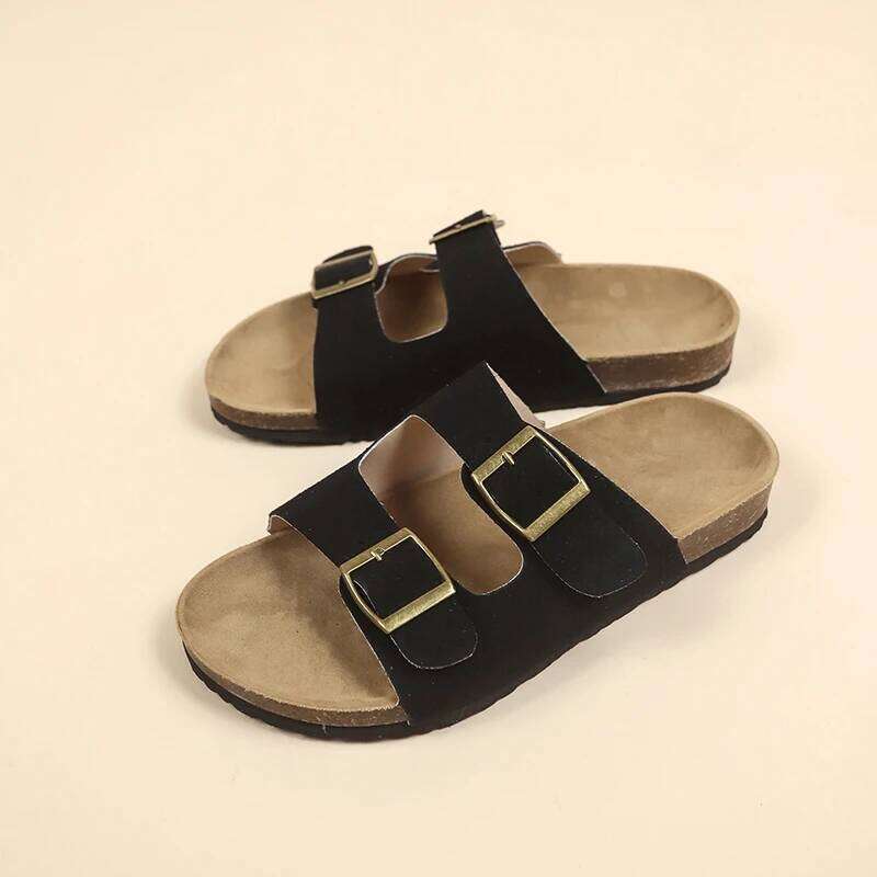Women's Flat Outdoor Beach Casual Man Sliders Thick Leather Cork Sole Sandals and Slippers