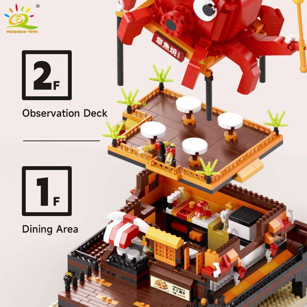 HUIQIBAO MOC Japan Sushi Octopus Yaki Street Shop model Micro Building Block Model Mini Brick Toy for Children Desk Decor. Z260306