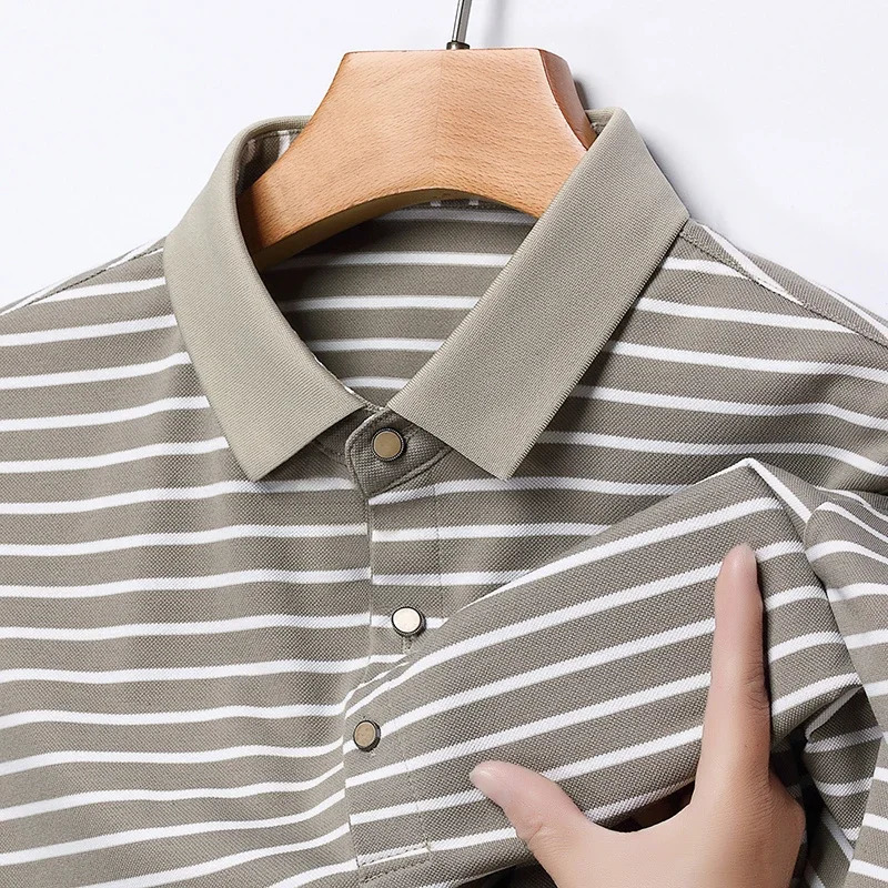 Mens Striped Cotton Business Casual Short Sleeved POLO Shirt Fashion Short Sleeved Comfortable and Breathable Top 260304