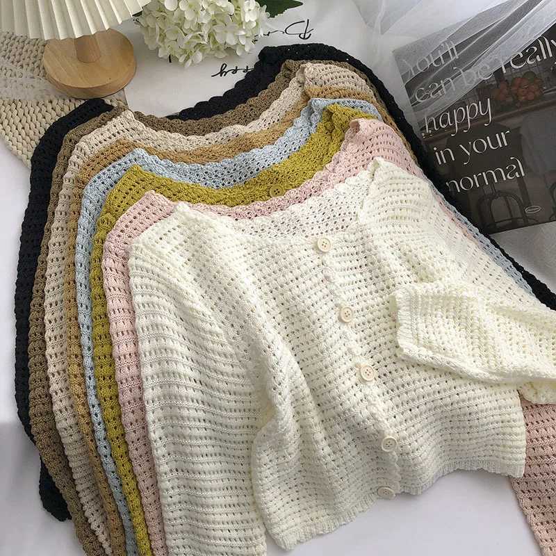 Crochet Cardigan for Women Sheer Openwork Knit Long Sleeve Button Up Crop Top Teen-girl Shrug Cardigan Autumn Spring Y2K Outfit M260306