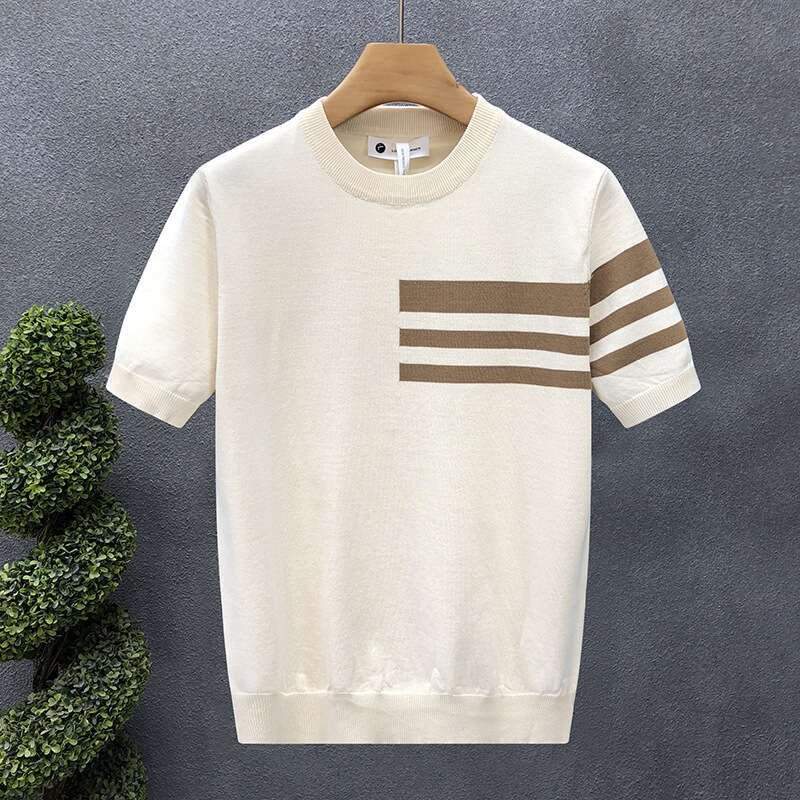 Summer New Short Sleeve Knitted Shirt for Men, Striped Simple Business Style, Slim Fit Ice Silk T-Shirt, Export Cross-Border Wholesale