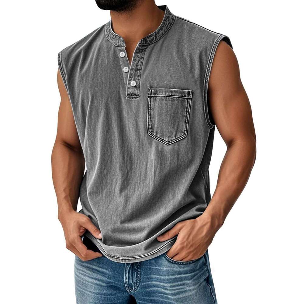 2026 European and American popular sleeveless for young men, casual trendy open-front T-shirt wholesale