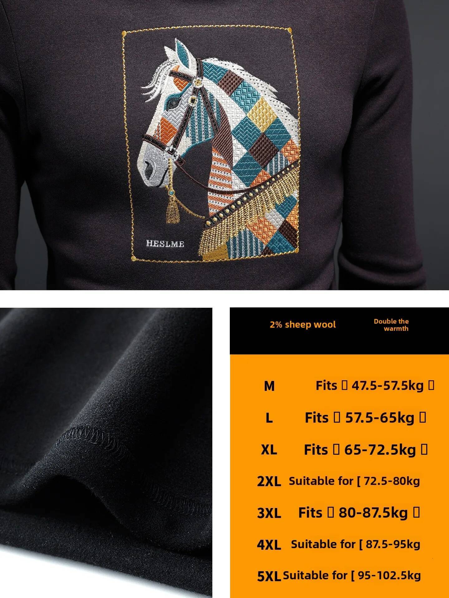 Embroidered Fce Lined Thi Long Sve f High Collar Men's T-irt for Winter Warm Base Layer irt