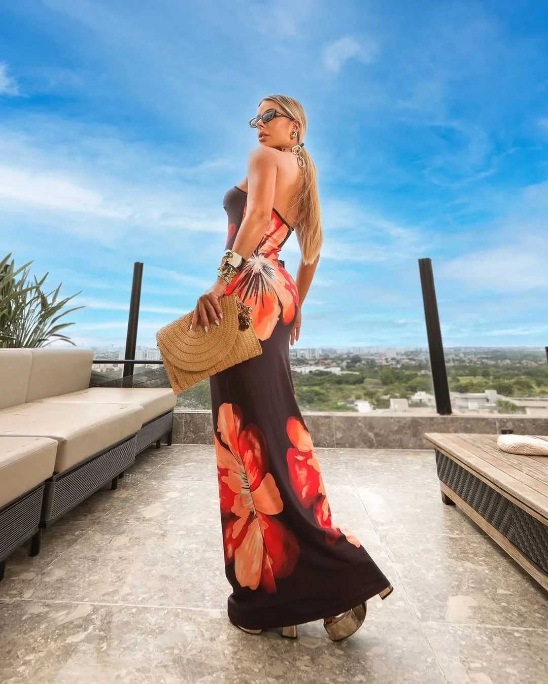 Fashion Milk Silk Fabric Floral Print Sexy Long Dresses Elegant Backless Bodycon High Waist Midi Dress 2025 Summer Vacation Boho X260306