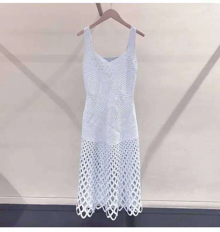 Stylish Openwork Mesh Rhinestone Embellished Slip Dress + Cardigan Mdng260306