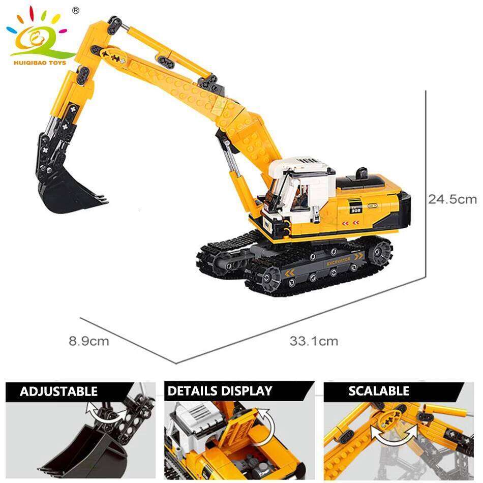 HUIQIBAO Engineering Truck Building Blocks Vehicle Excavator Bulldozer Crane Car Bricks City Construction Toys For Children Boys Z260306