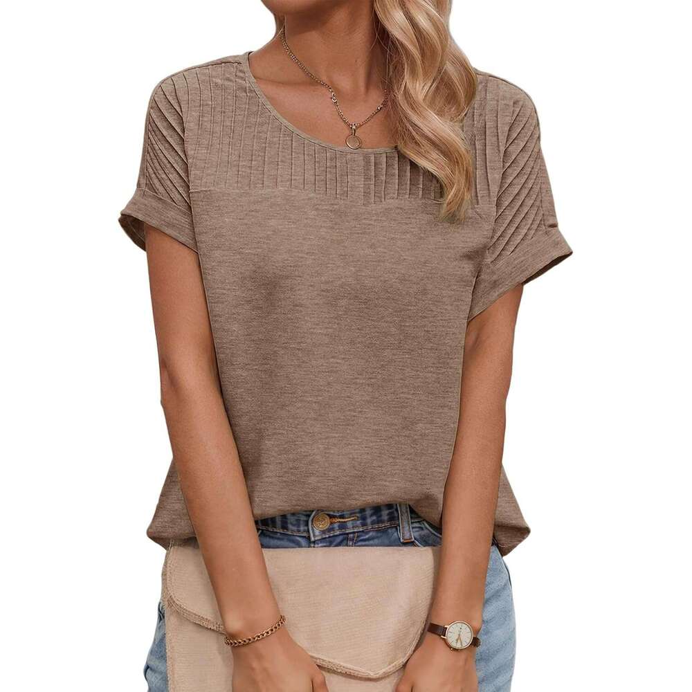 Womens Tops Trendy Crewneck Short Sleeve Summer T Shirts Casual Solid Loose Basic Designer Pleated Blouses
