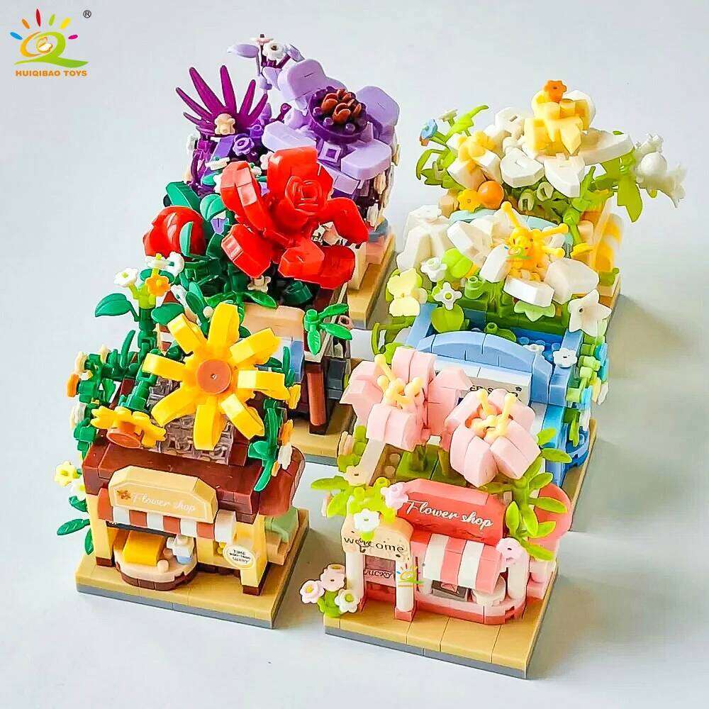 HUIQIBAO Cute MOC Flower store model Micro Building Block Street View Shop Model Mini Brick Toy for Children Desk Home Decor. Z260306