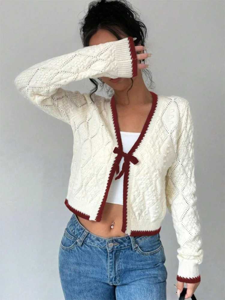 Womens Casual Long-SLeeved Knitted Cardigan Pattern with Contrasting Colour Trim 2025 Autumn/Winter New Design M260306