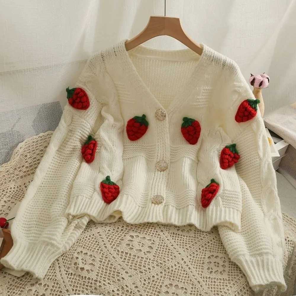 Gentle Strawberry Cardigan V-neck Short Top Chunky Knit Sweater Loose Fit Soft Knitted Cute Strawberry Sweater Casual Wear M260306