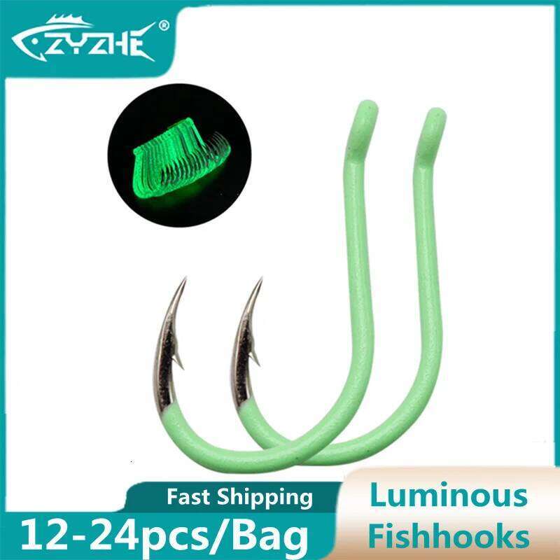 ZYZ Luminous Chinu 12/24pcs/Box High Carbon Steel CHINU Fluorescent Night Fishing Hooks Carp Fishhooks Tackle S260305