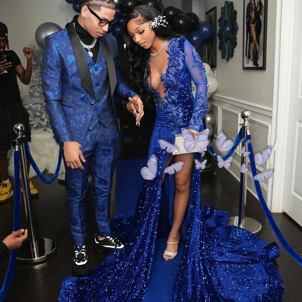 Sparkle Royal Blue Prom Dresses For Black Girls 2026 Sheer Long Sleeves Split Evening Gowns Women Red Carpet Runway Party Dress Customized J17