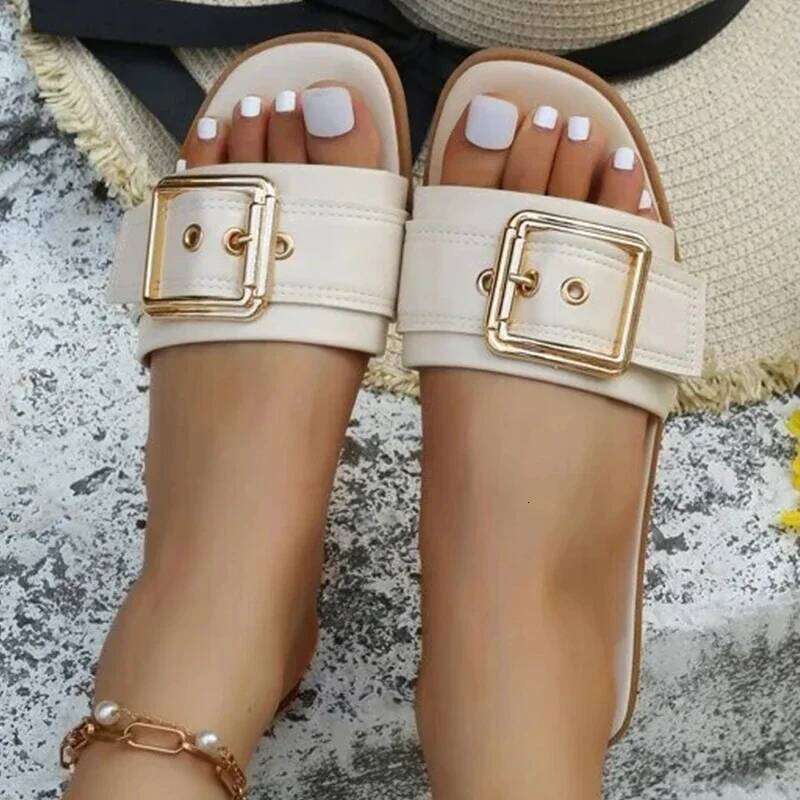 New Slides Personality Buckle Open Toe Wear-resistant Office 2025 Flat Slippers Summer Sandy Beach Sandals Women Shoes