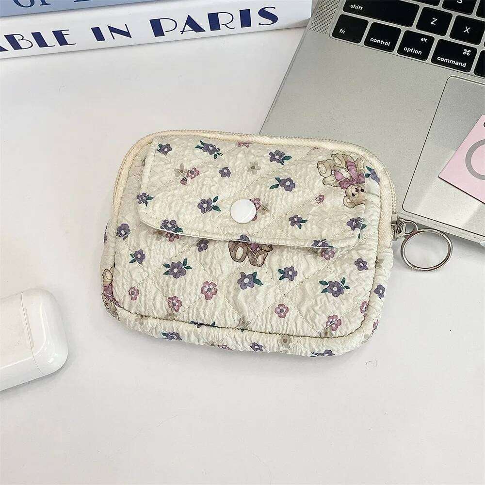 Flower Floral Coin Purse Large Capacity Korean Style Small Makeup Lipstick Earphone Pinted Mini Canvas Storage Bag C260304