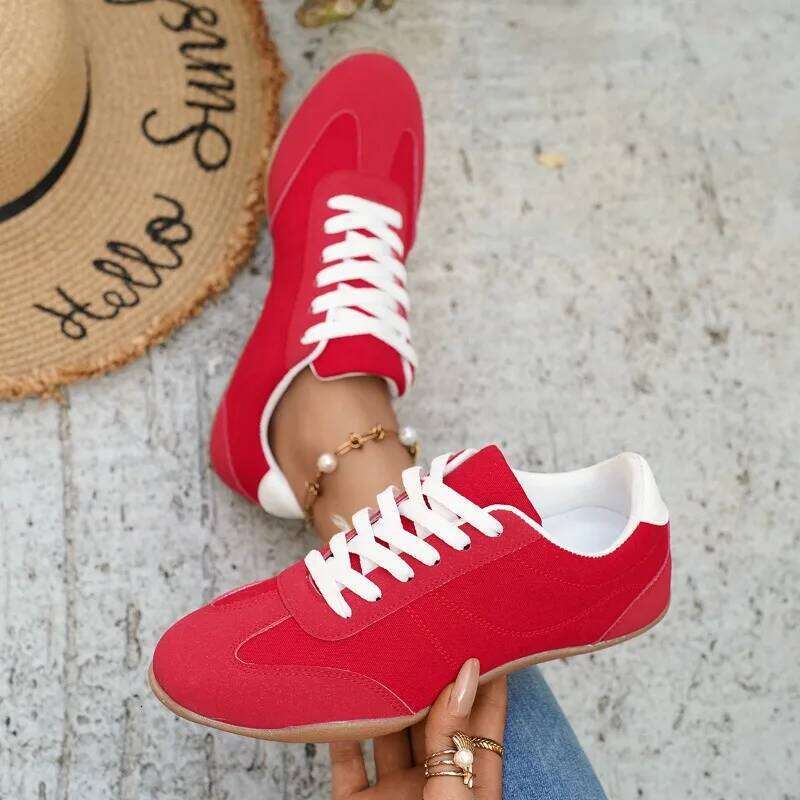 2026 new fashionable casual for women comfortable lace up sneakers simple solid color flat shoes