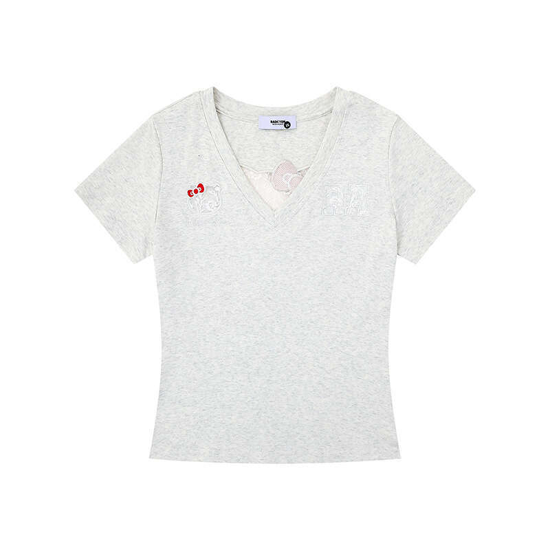 Sweet Cute Cat Hollow Short Sleeve V-neck T-shirt Women's Slim Fit Pure Cotton Style Summer Fashion Top Y2K cartoon embroidery