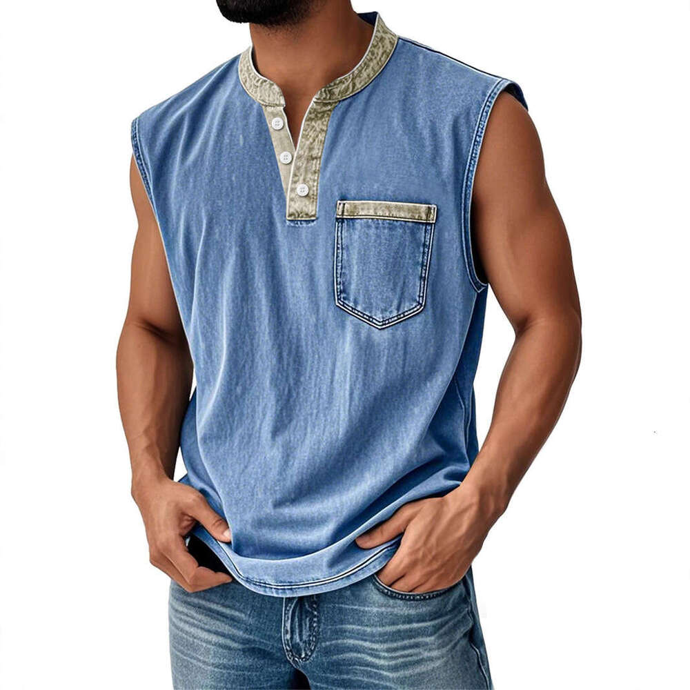 Spring Autumn European and American Cross-Border Men's Wear 3D Printed Three-Button Sleeveless for Young Men Casual Trendy Open-Front T-Shirt