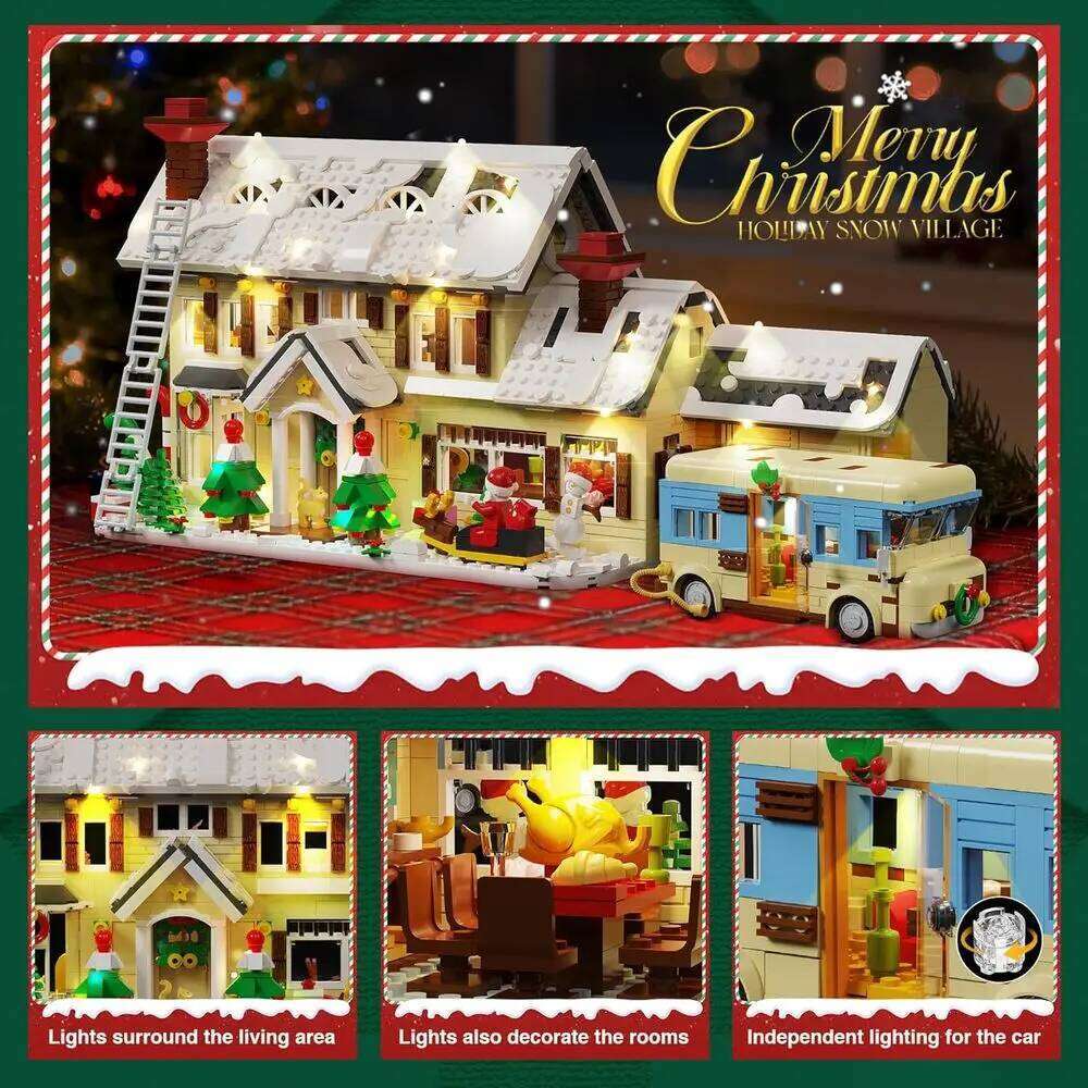 Christmas Village Building Kit with Lights, Snowy Cabin, Camper, 2098 Pieces, Holiday Scenery Toy for Adults Z260305
