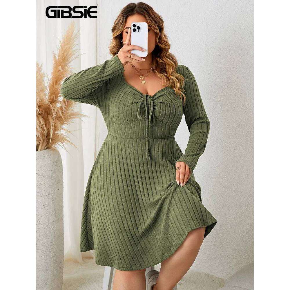 GIBSIE Plus Size Sweettheart Neck Knot Front A-Line Dress Women Fall New Vintage Long Sleeve Ribbed Knit Casual Winter Dresses
