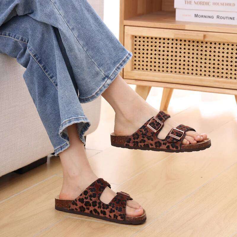 Litfun Classic Women's Sandals Casual Cork Footbed Flat Bottom Slippers Open Toe Leopard Designed Slides With Adjustable Buckle