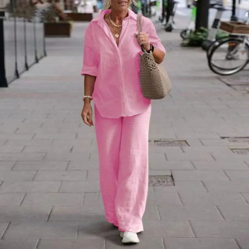 Elegant Womens Suits Female Cotton Linen Solid Shirt Two Piece Set For Women Long Sleeve Top Wide Leg Pants Set Casual Outfits 260305
