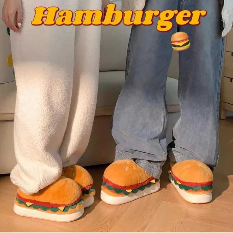 Women Winter Warm Slippers Cute Cartoon Hamburger Home Floor Platform Shoes Thick Sole Soft Plush Girls Indoor Fluffy Slipper S260305