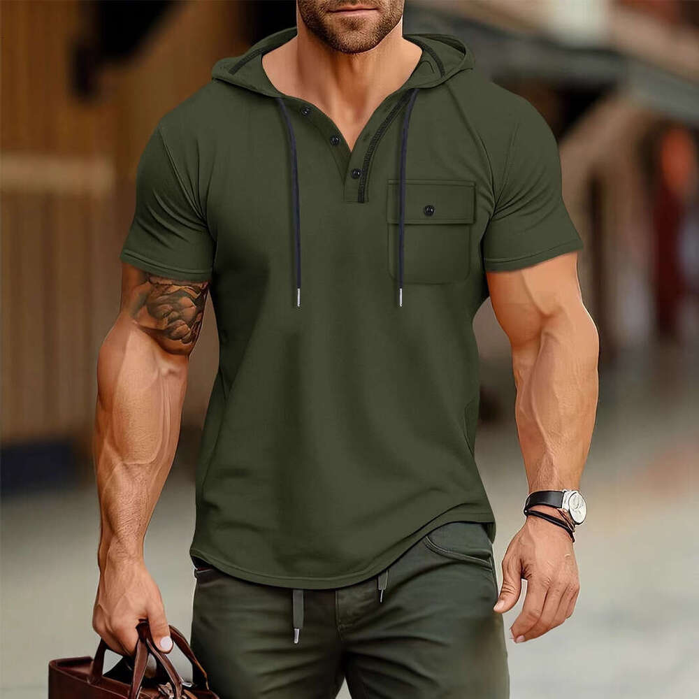Men's Fitness Hooded Short Sleeve T-Shirt Summer Hoodie Sports Top American Style Henley Shirt