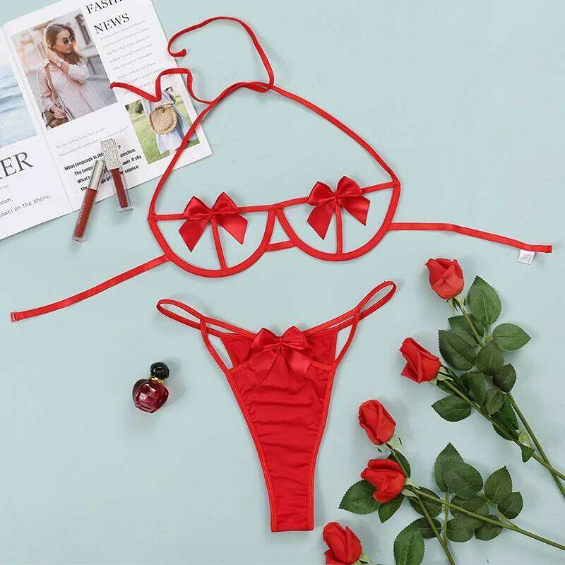 Fashion Lace Bra Panties Underwear Female Steel Ring Hollow Garters Sexy Bowknot Thong Lingerie Set Lenceria