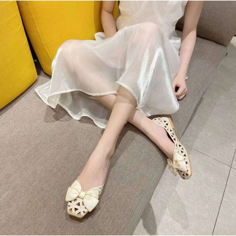Women's Flat Sandals French Bowknot Hollow Out Breathable Low-Cut Square Toe Comfortable for Mom Summer Israel Hot Selling