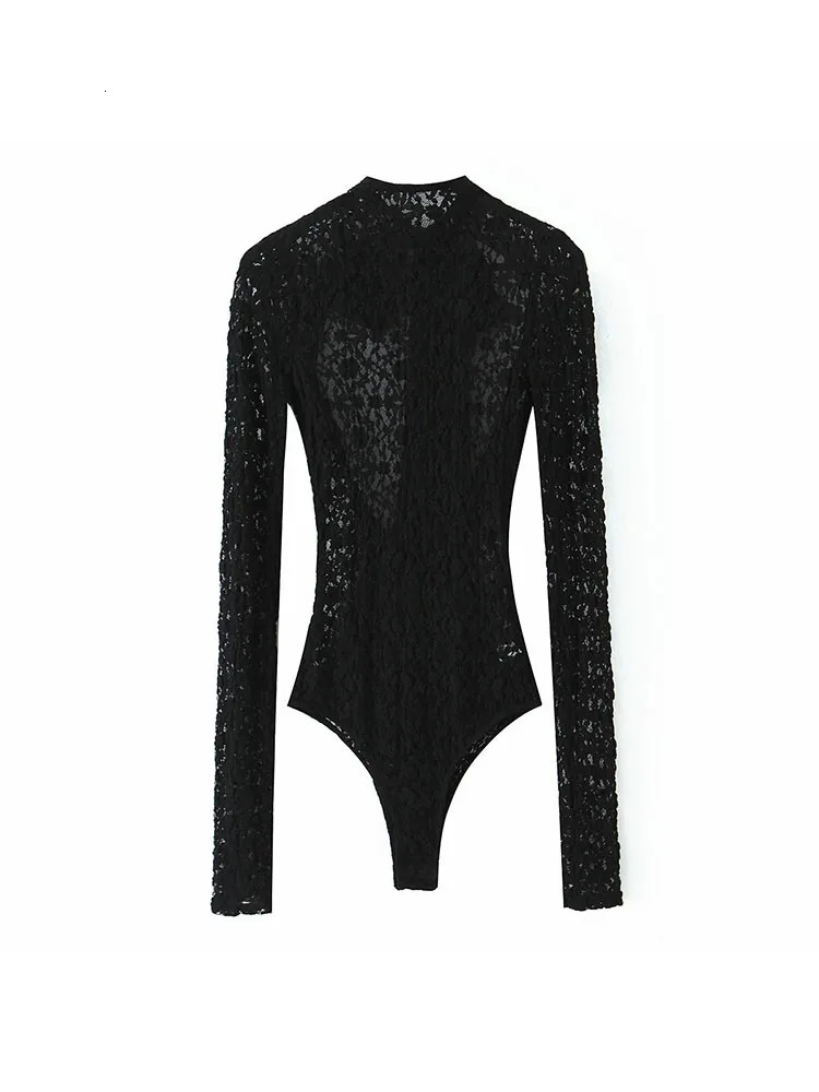 Women Autumn Lace Bodysuit Womens Bodysuit Black Cutwork O-Neck Long Sleeves BodysuitsSplicing Mini Skirt Suit 260304