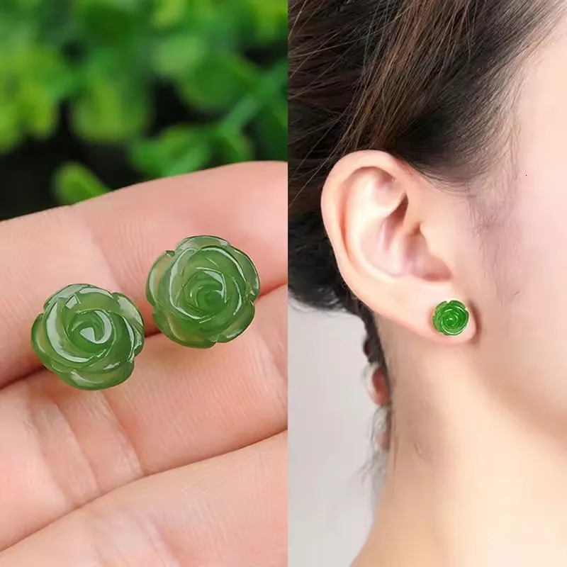 PANJBJ 925 Sterling Silver Rose an Jade Earring for Women Girl Ethnic Style Versatile Temperament Jewelry Gift Drop 260303