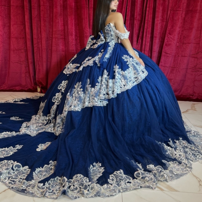 Navy Blue Quinceanera Dresses Ball Gown Off The Shoulder Applique Lace Beading Crystal Bow Corset Party Birthday Sweet 16 Dress Vestidos 15 De Anos