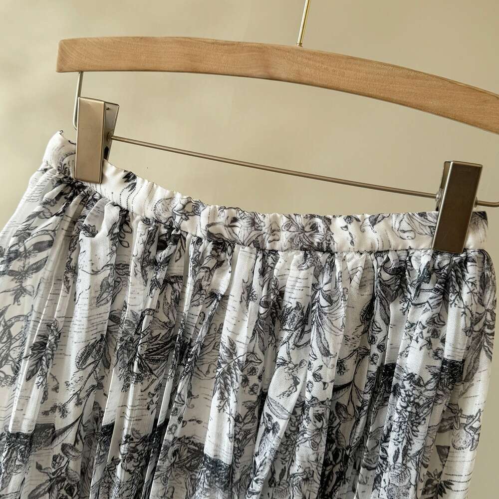 Ink print 2026 spring and summer Chinese women's medium-sized handmade pleated A-line skirt