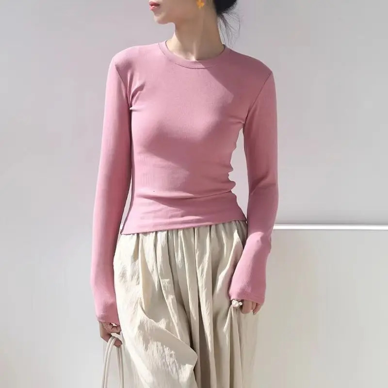 Cotton Autumn Sexy 2025 Womens T Shirt O Crew Neck Skinny Slim Basic Solid Long Sleeve Polo TShirt Casual Top Tee for Women 260228
