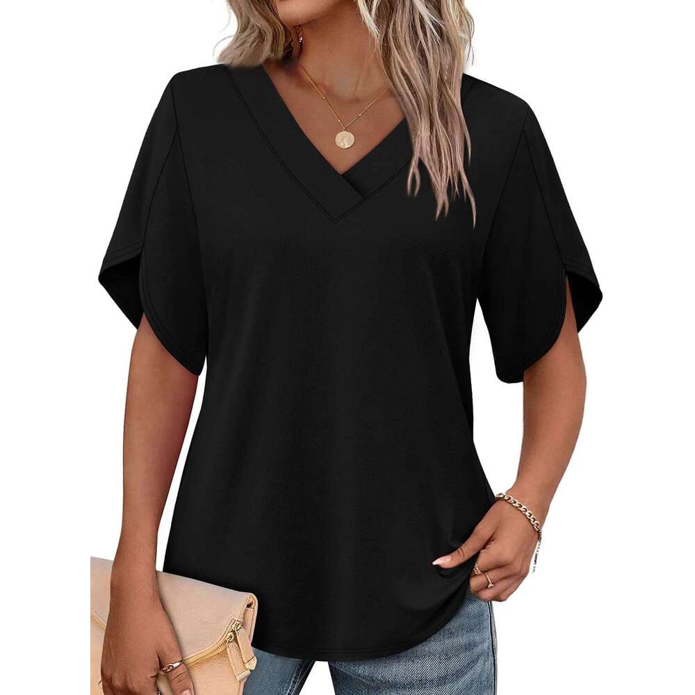 Womens Summer Tops Short Petal Designer Sleeve Shirts Fashion V Neck Outfits Clothes