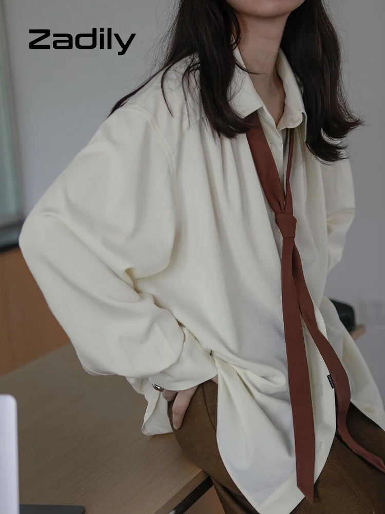Korean Style Minimalist Oversized Blouse Women Long Sleeve Button Down Shirt with Detachable Tie for Office Casual Wear 260306