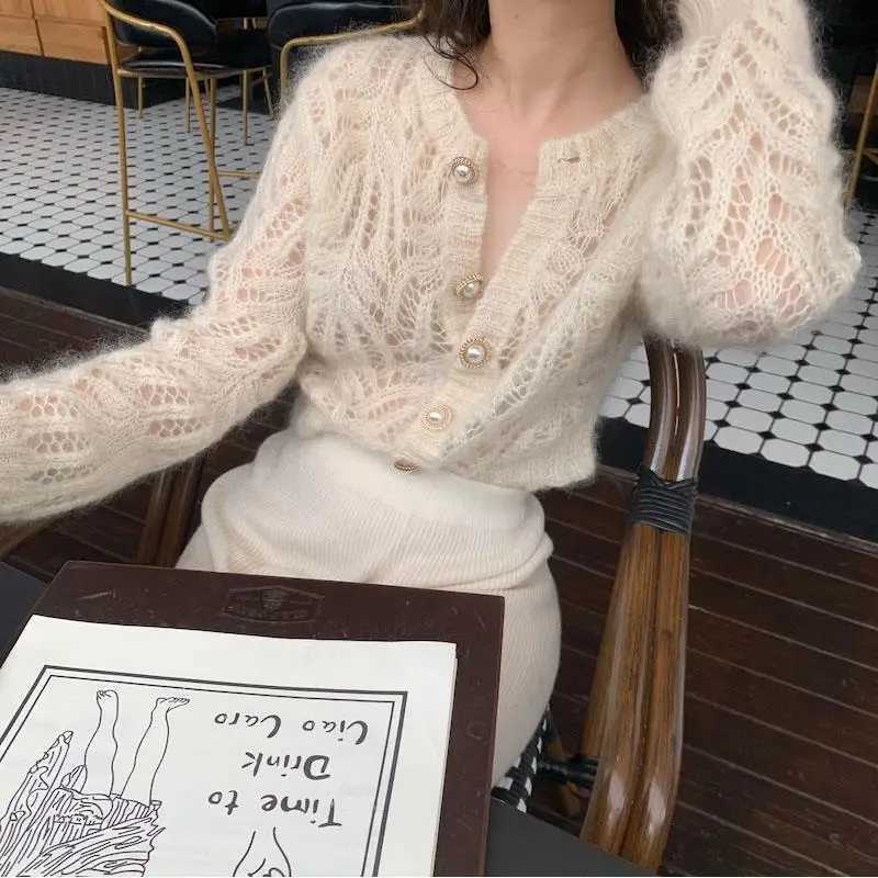Autumn Vintage Elegant Female Cardigan Sweaters Winter Long Sleeve Women Fashion Hollow Out Elegant Knitted Tops M260306