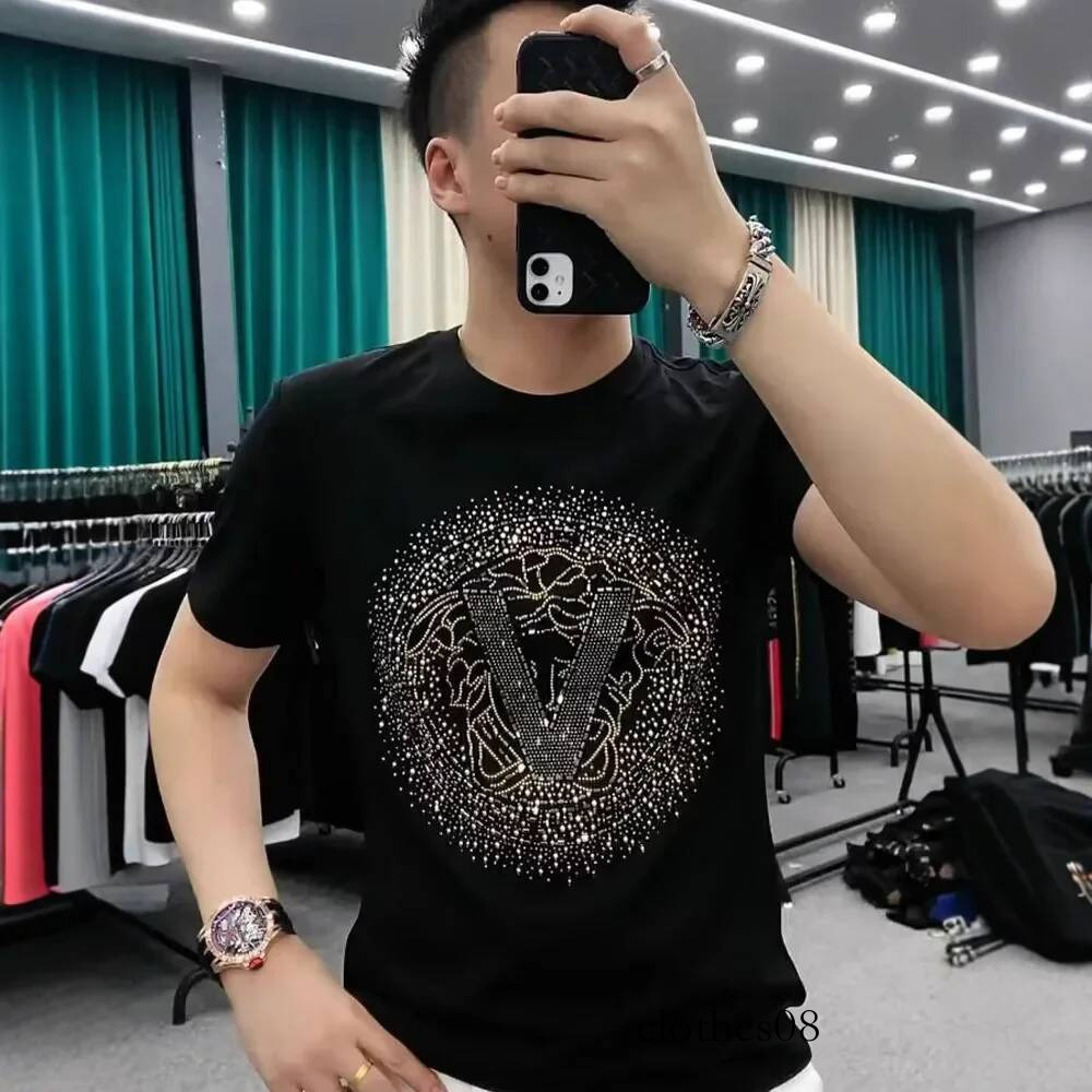 Summer Ice Silk Cotton Rhinestone Short Men's T-shirt Loose Casual Half Sleeve Top Korean Trend Hong Kong Style