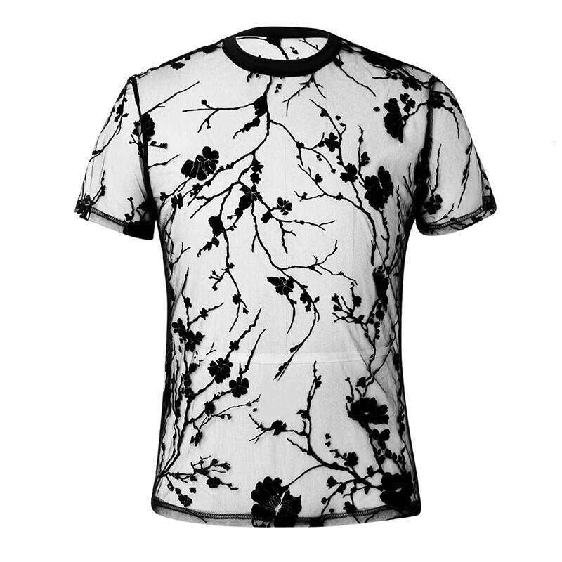 Summer Men's Clothing Mesh Lace Knit T-shirt Streetwear Hollow-Out O Neck Sweater Short Sleeve Tees Rose Printed Knitwear 26H0306