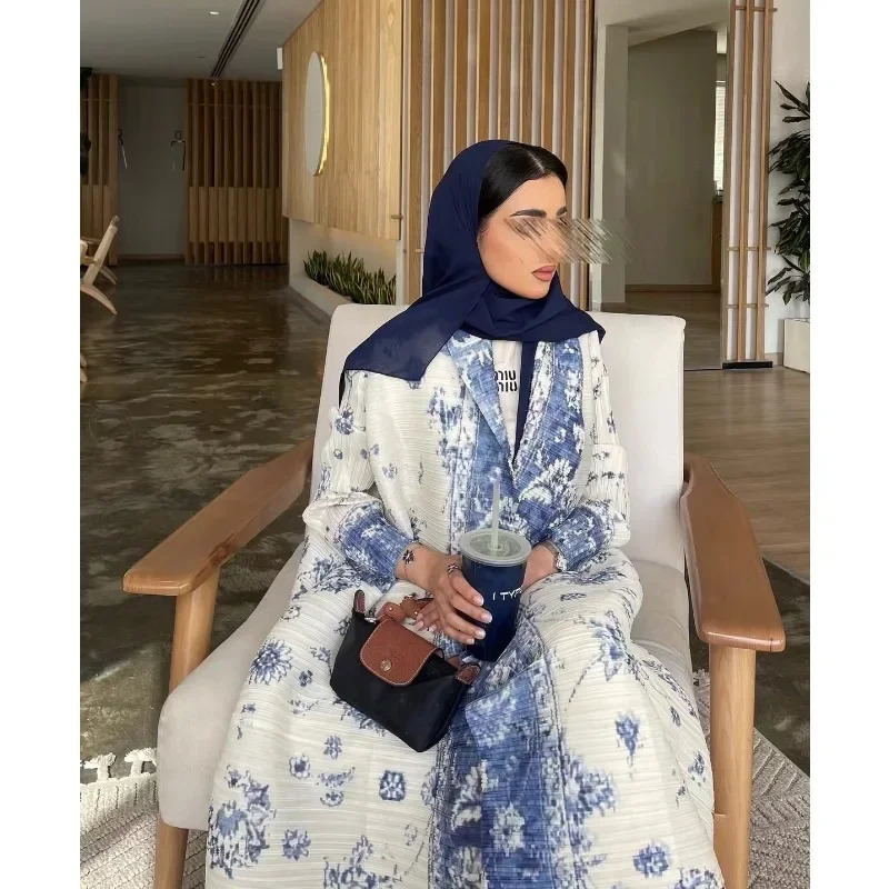 Fashion Saudi Womens Long Gown White Premium Printed Temperament Elegant Pleated Abaya Casual Peplum Holiday Dress Jacket 260228