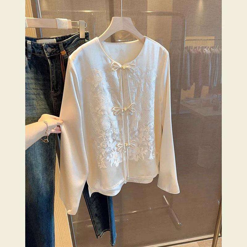 Mardi Hefxessdr 2026 embroidery mesh new retro loose round collar half sleeve tang suit blouse summer sun-protective shirt top Chinese shirt women