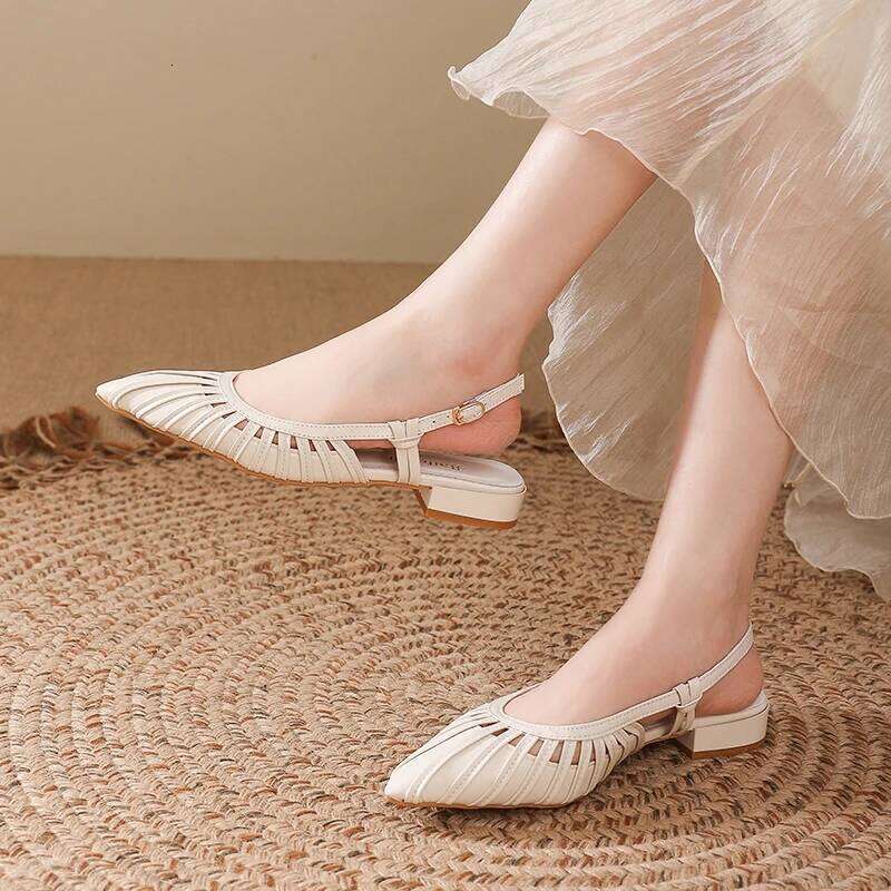 Women Summer Slingback Low Heels Pointed Toe Pleated Cutout Comfortable Elegant Dress Shoes for Casual Formal Daily Party Office