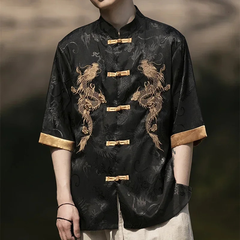 High Quality Summer Chinese Traditional Dress Dragon Embroidery Shirt Men Clothing Ice Silk Half Sleeve Vintage Tops Plus Size 260227