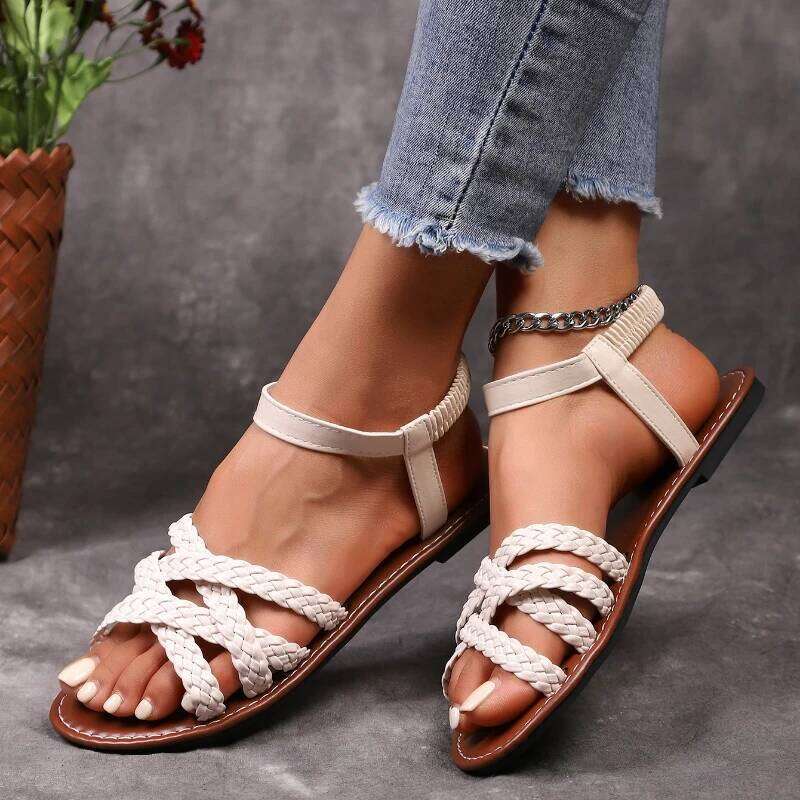2025 Summer Women's New Fashionable and Comfortable Flat Shoes with Elastic Band Design Anti slip Simple Sandals
